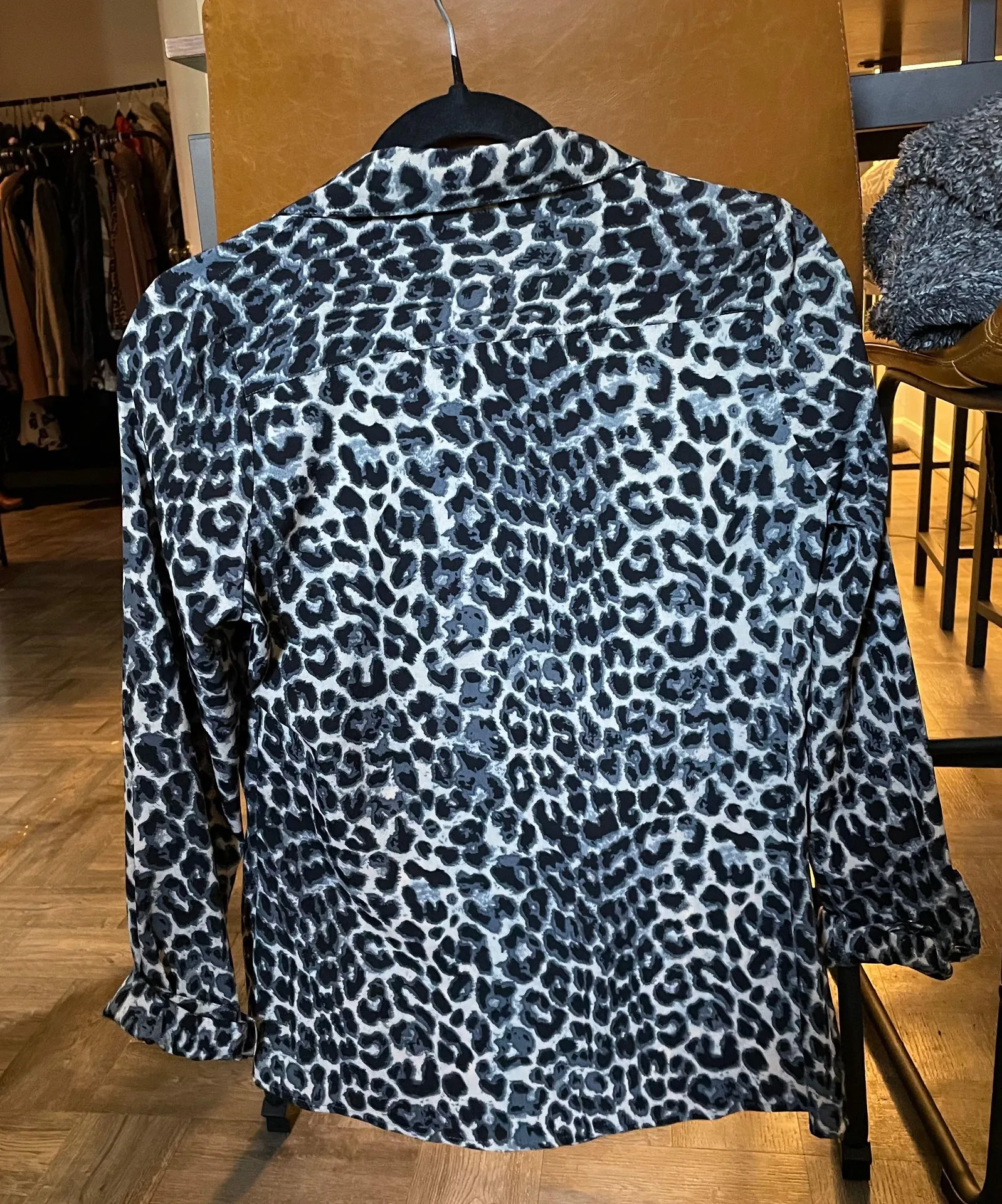 BCBGMAXAZRIA Grey Leopard Print Button Up Top - Image 2