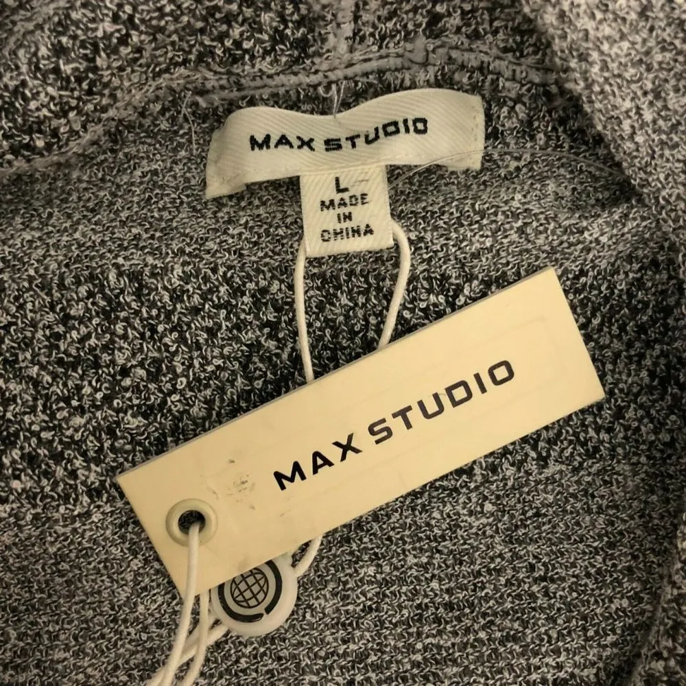 Max Studio Womens Sweater Hoodie Pullover Thin Knit Striped Stretch Gray L - Image 3
