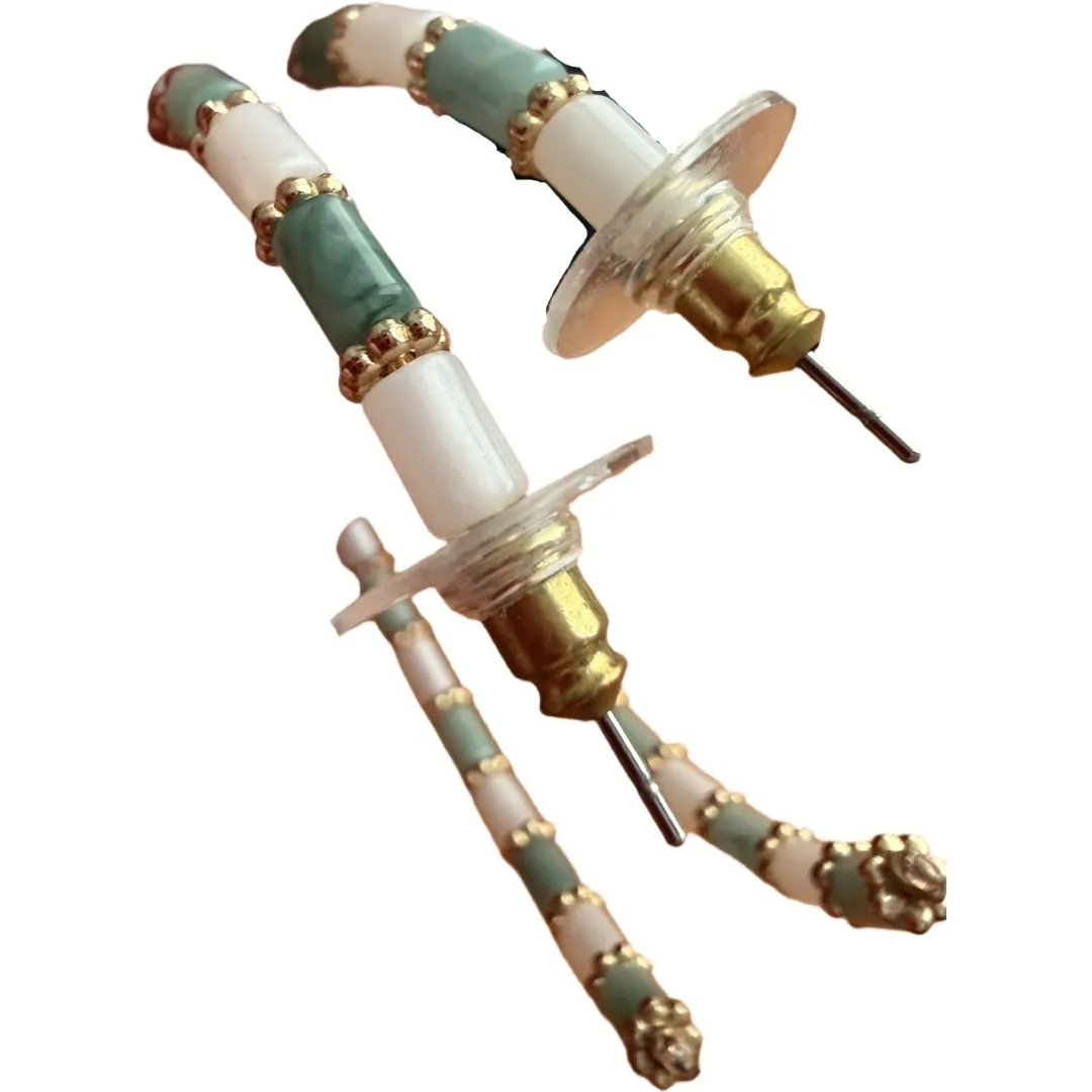 Origami Owl Medium Drop Hoop Turquoise White Bead Earrings Post Back Boho - Image 3