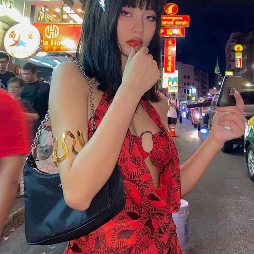 I.am.gia I AM GIA Elegant Red and black snake print Halter Dress Medusa Dress - Image 2