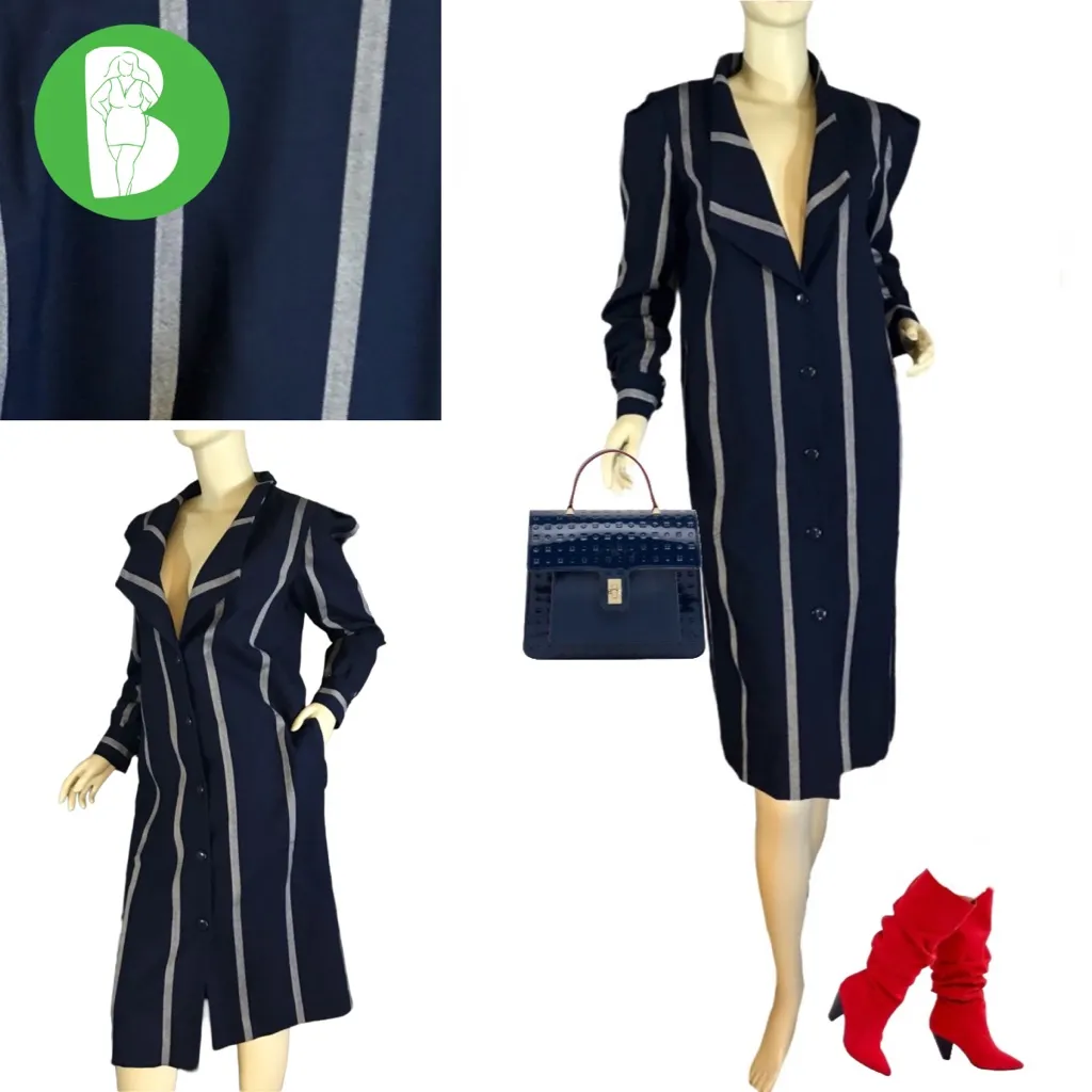VINTAGE 1980'S NAVY AND GRAY CHETTA B STRIPED BUTTON FRONT JACKET DRESS (6) - Image 2