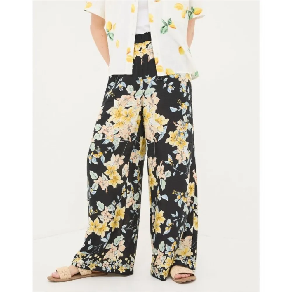 Fatface Jenna Citrus Floral Wide Leg Trousers Black Yellow Peach Size 8 UK 12 - Image 4