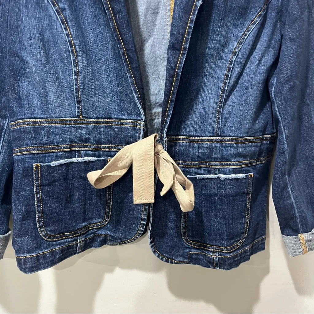 Old Navy VTG Y2K Women XL Stretch Distressed Crop Denim Blazer Twill Waist Tie - Image 4