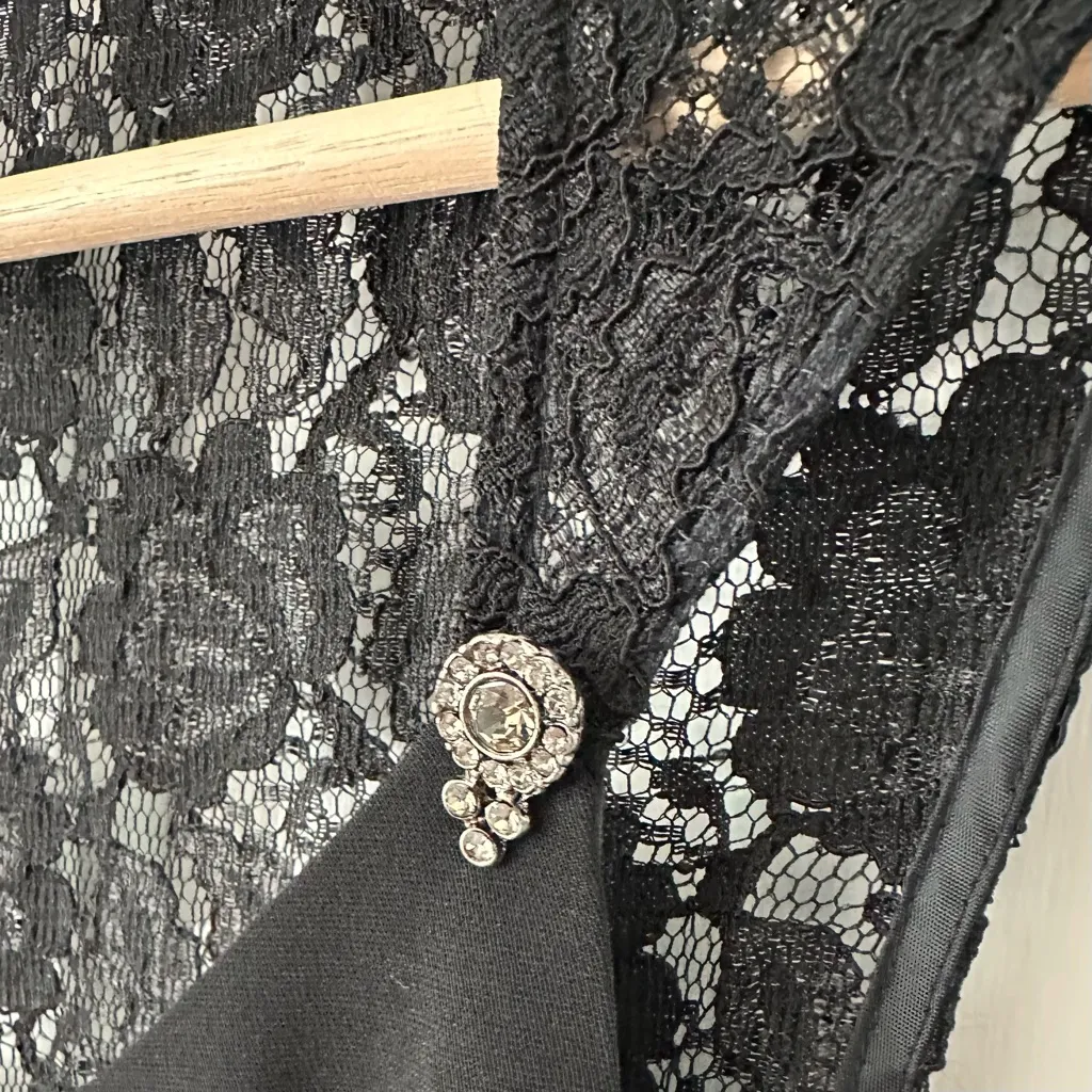 Jones Wear A-Line Empire Black Lace Jeweled Cocktail Party Midi Dress Size 6 - Image 4