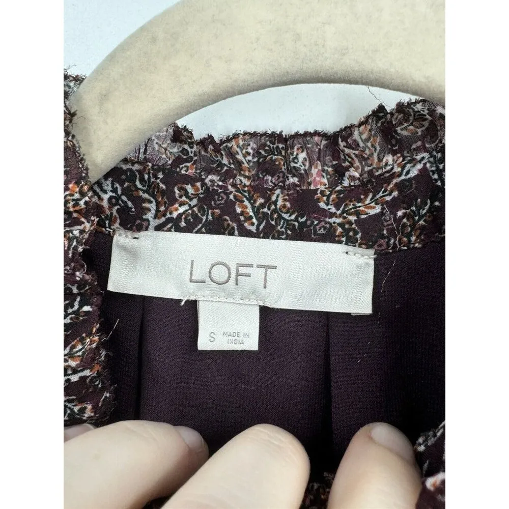 Loft Blouse Women Small Burgundy Floral Ruffle Peasant Cottagecore Prairie Ditsy - Image 4
