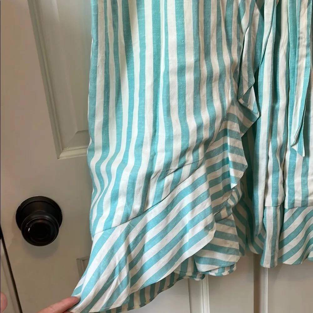 NWT Draper James Teal and White Puff Sleeve True Wrap Linen Mini Dress - Size XL - Image 8