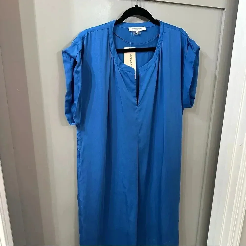 NWT Gerard Darel Shift Dress US Size 6 Royal Blue Short Sleeve Split V Pullover - Image 4