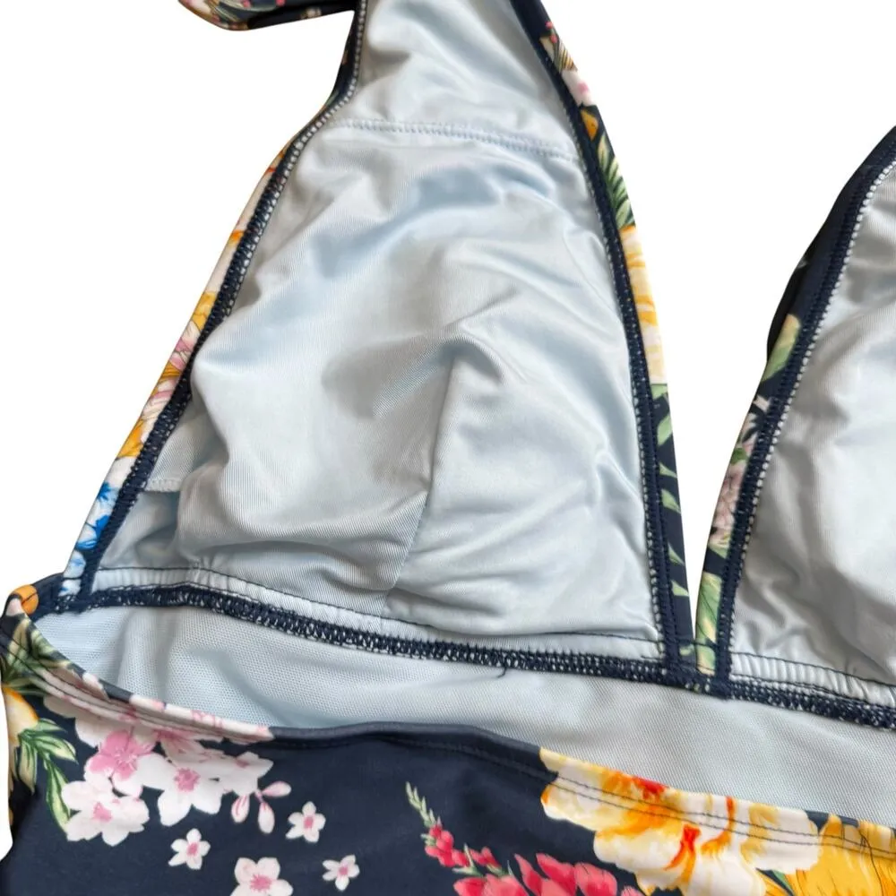 NWT Cupshe Halter Swimsuit Blue Floral Colorblock Tummy Control Backless Large - Image 7