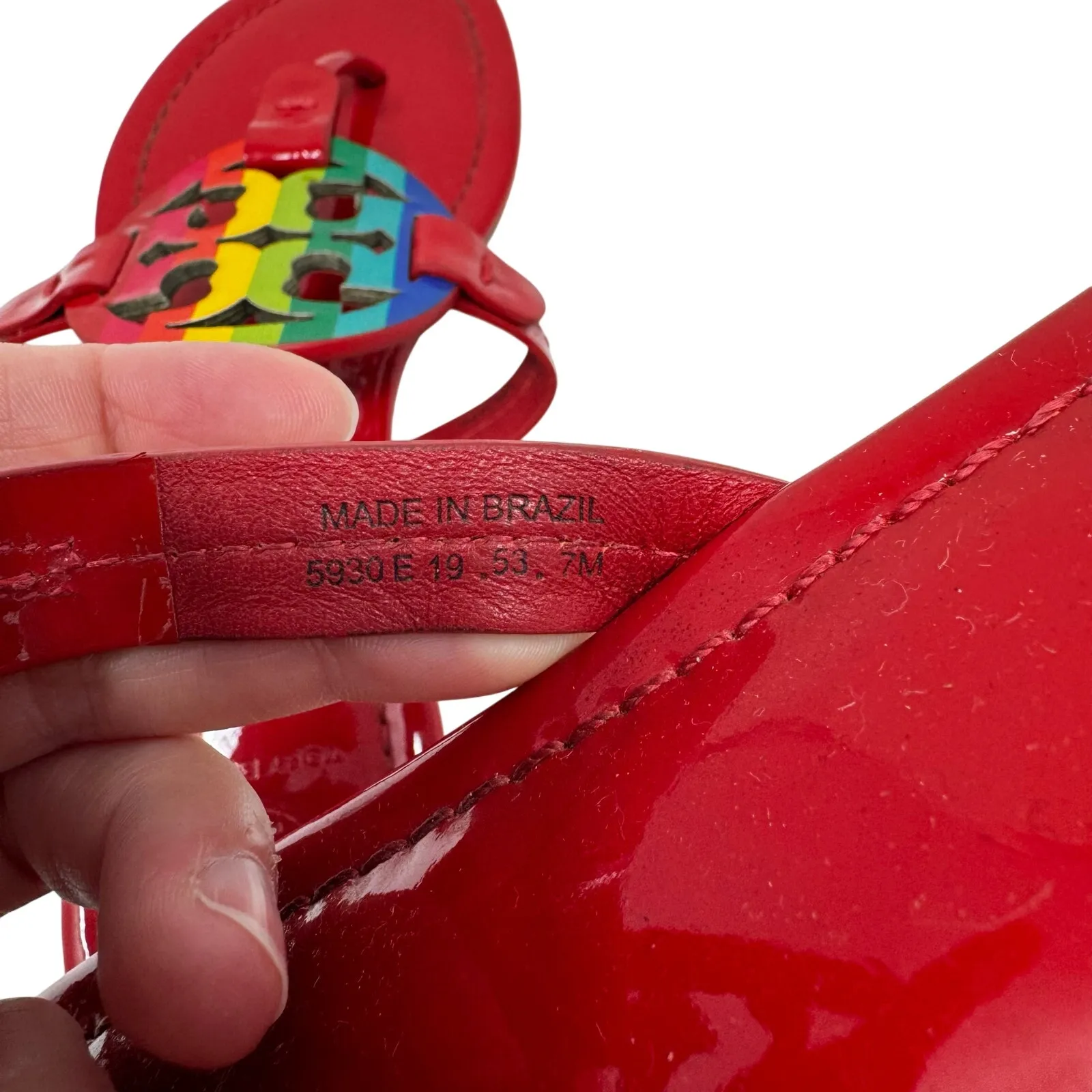 TORY BURCH Red Rainbow Patent Leather Miller Sandals Logo Medallion Size 7 - Image 7