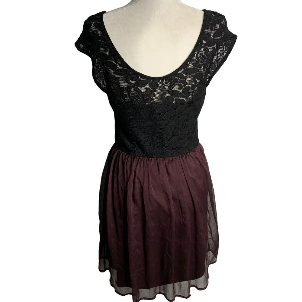 Dynamite Lace Chiffon Party Dress L Black Purple Lined Low Back Elastic Waist - Image 4