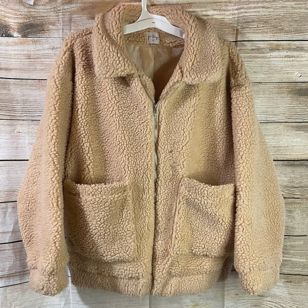 Polly oversized teddy bear tan pixie coat jacket with pockets women size S/M - Image 3