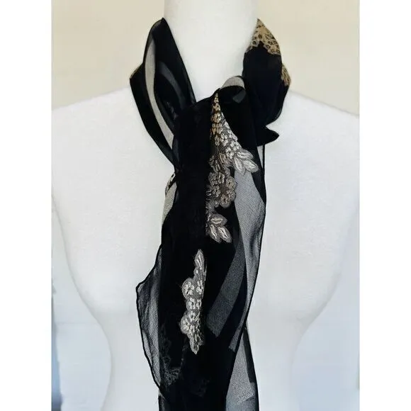 Vintage Black Silver Jacquard‎ Baar Beards Hand Rolled Silk Rayon Blend 19x46 - Image 9