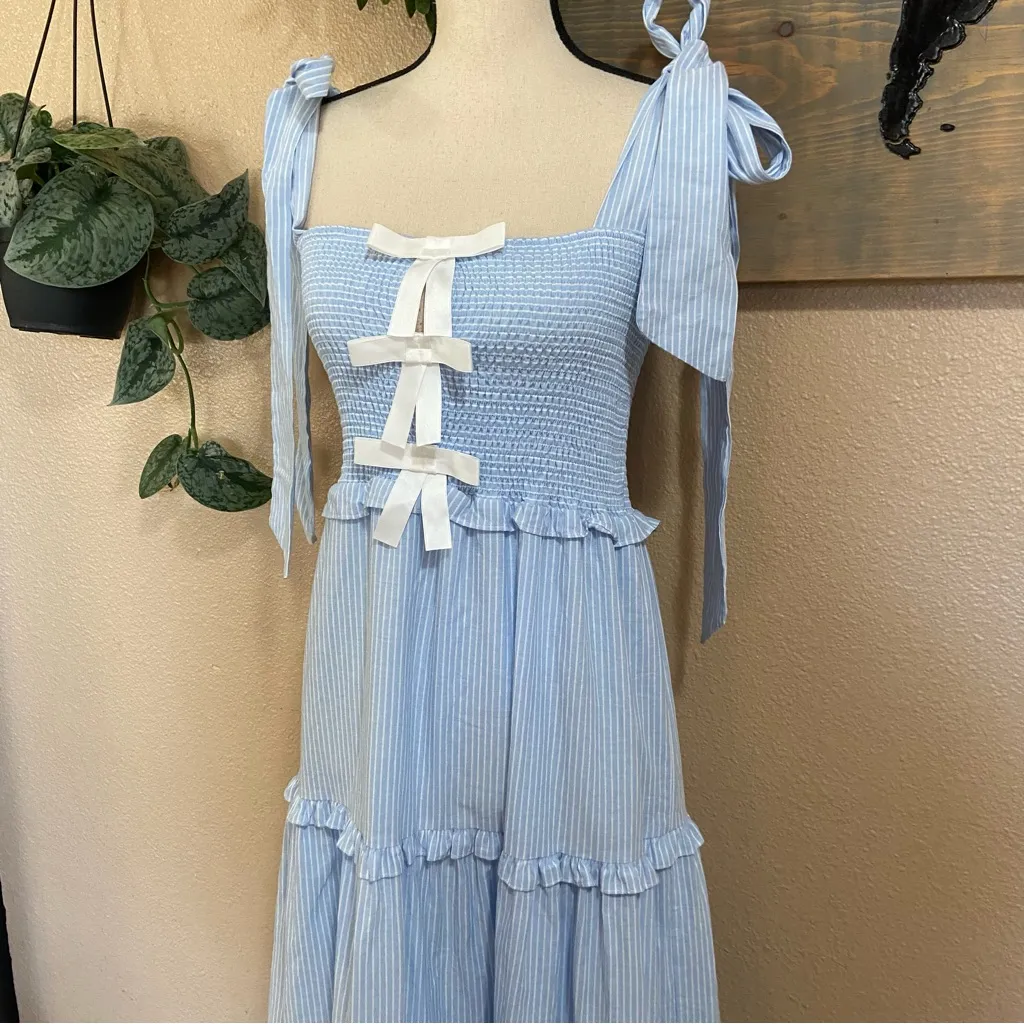 NWOT Sister Jane Kansas Blue Striped Tiered Smocked Tie-Strap Bow Midi Dress - Image 5
