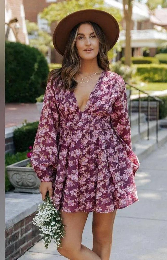 Free People Mauve Keep You Floral Smocked V Neck Mini Dress Berry Combo S - Image 4