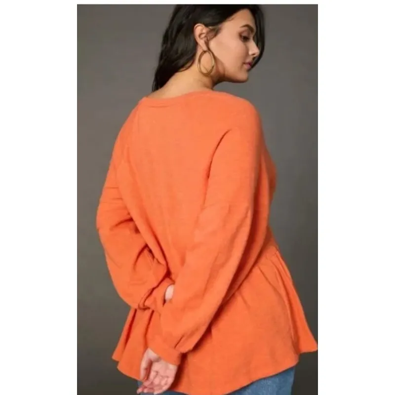 Pilcro By Anthropologie 100% Cotton Tangerine‎ Baby Doll Peplum Blouse Size M Orange Size M - Image 2