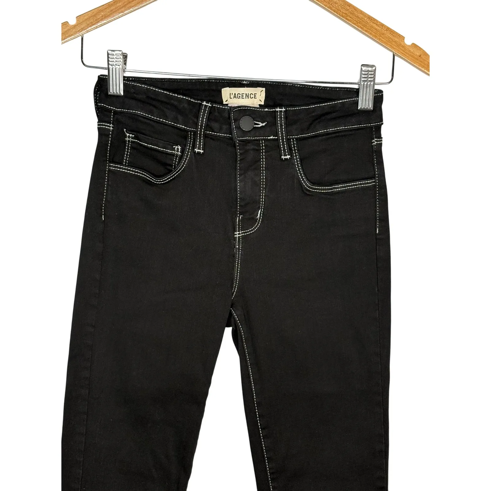 L'AGENCE Margot High Rise Skinny Jeans Noir Black Contrast Stitch Women Size 24 - Image 4