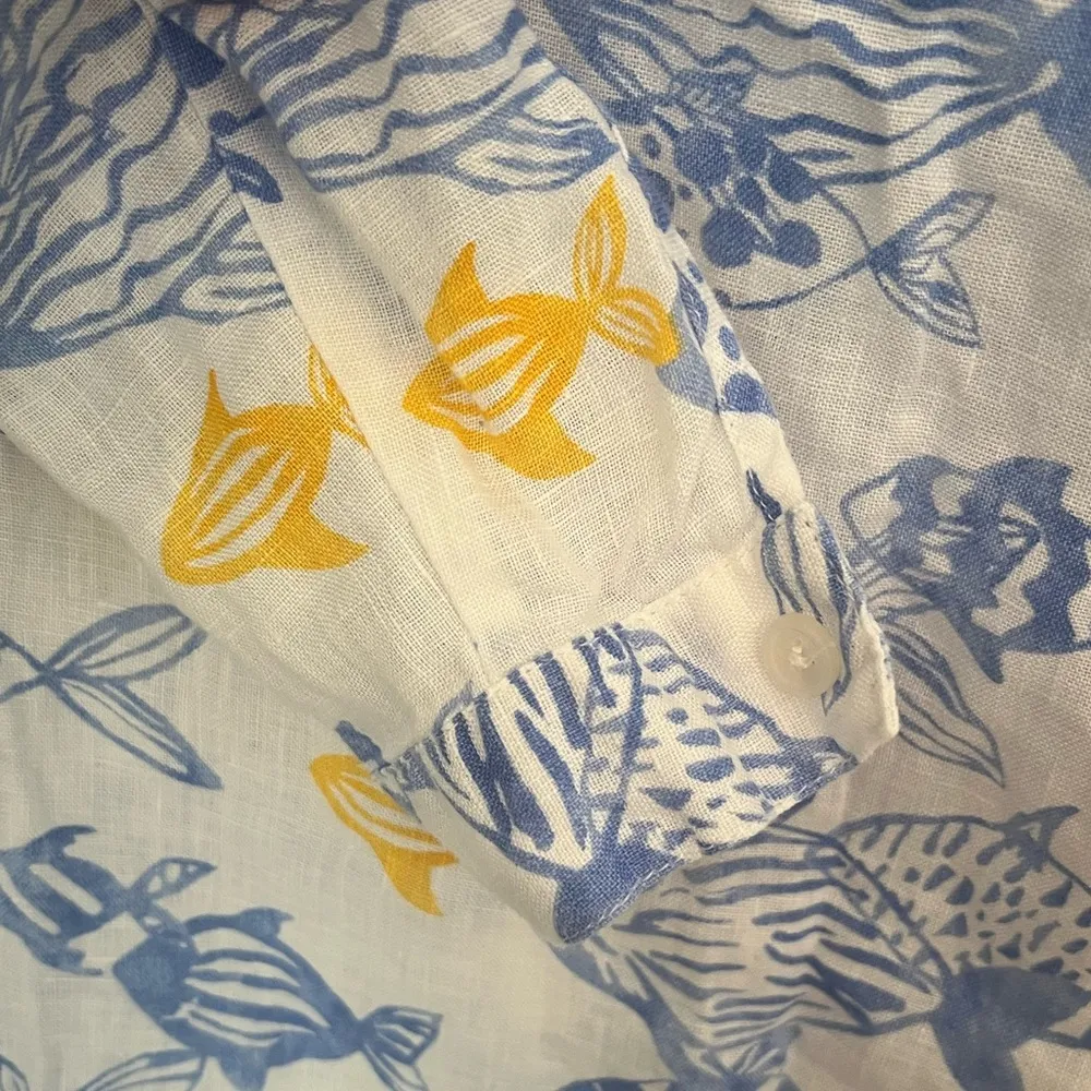 HIHO 100% Linen Tunic Dress Swim Coverup White with Blue & Yellow Fish Womens XS - Image 6