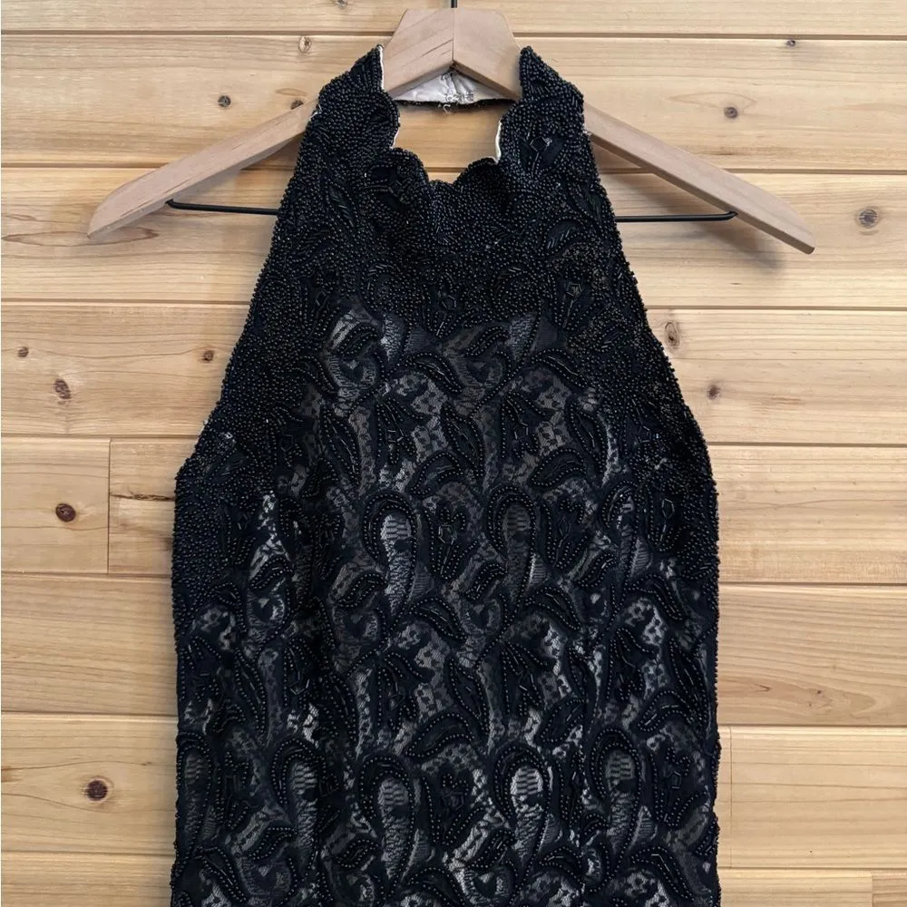 Vintage Stenay Size Small Beaded High Halter Scalloped Neckline Fancy Prom Gown Black - Image 5