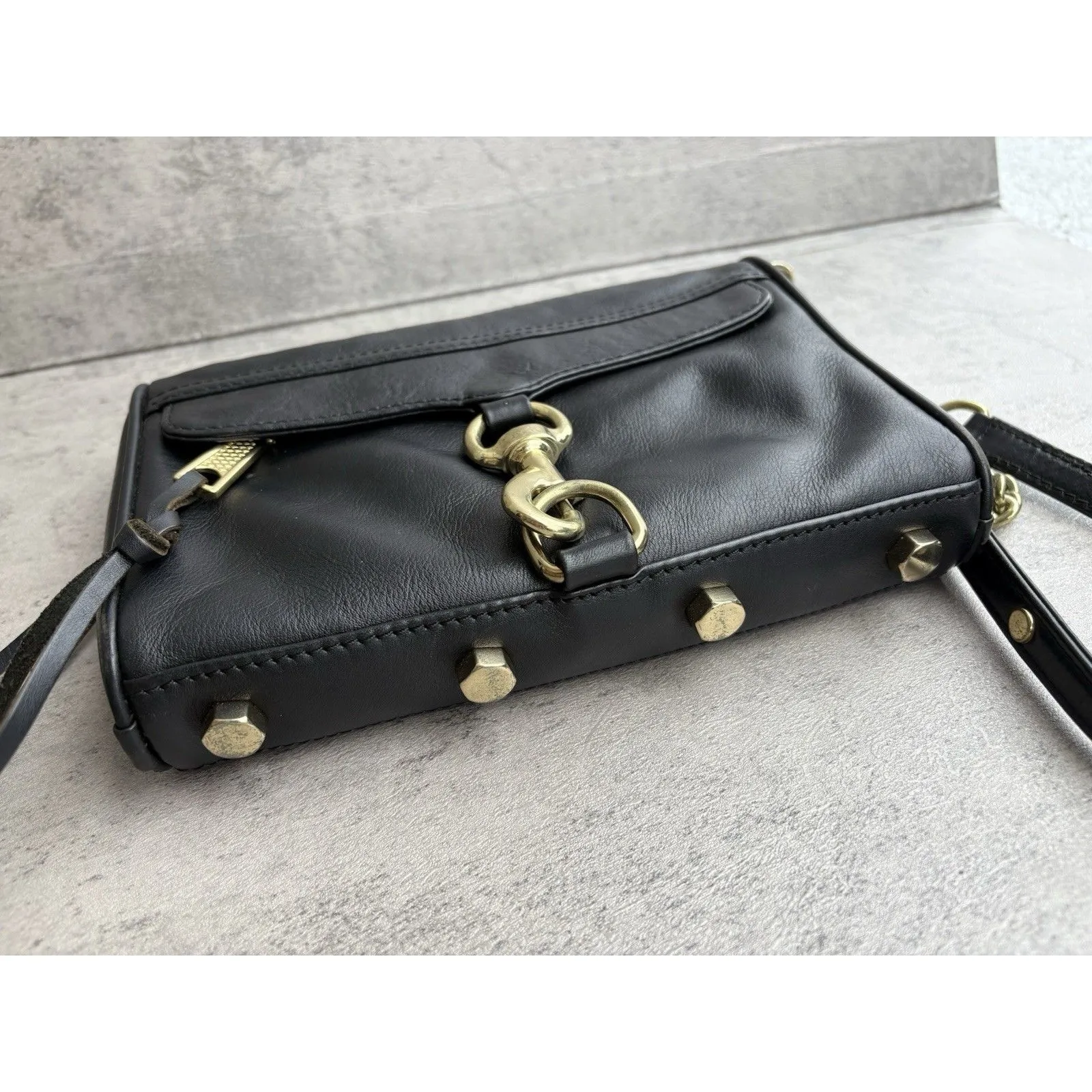 Rebecca Minkoff Black Leather Crossbody Handbag Purse Mini MAC Gold Tone Chain - Image 5
