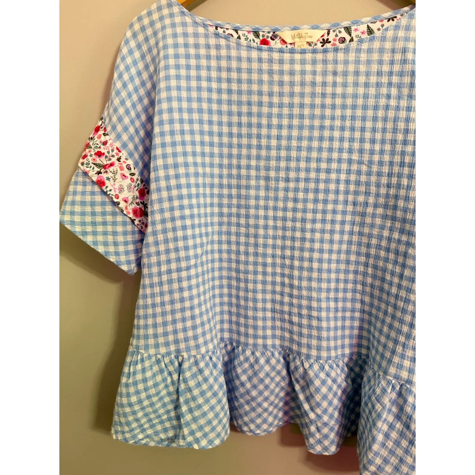 Matilda Jane Blue Gingham Ruffle Top Floral Trim Short Sleeve Womens Size S - Image 3