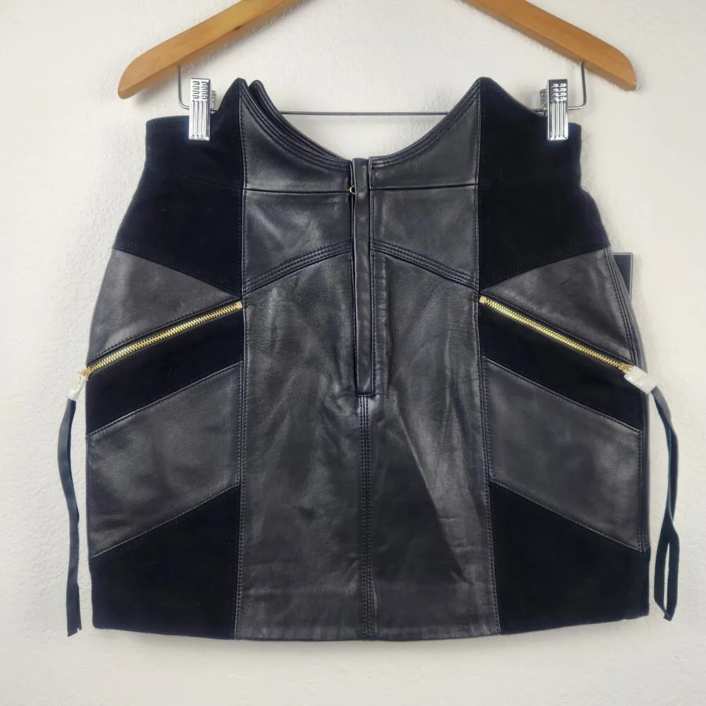 Retrofete Fae Patchwork Skirt Black Lamb Leather Goat Suede Size Medium NWT - Image 4
