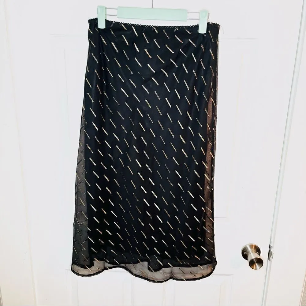 BAND OF GYPSIES Gold Metallic Flocked Overlay Midi Skirt Black M NWT - Image 5