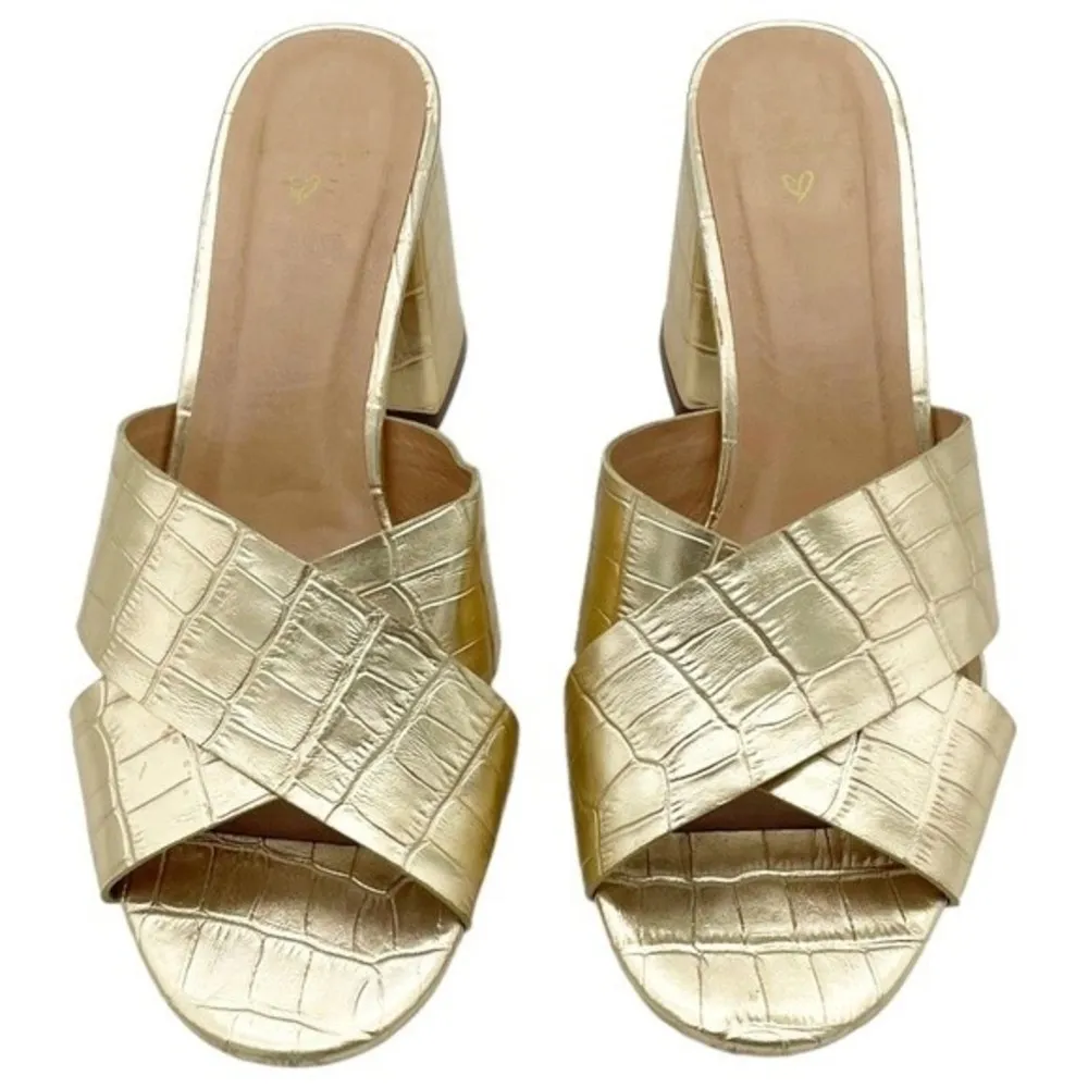 Lulus Ybarra Metallic Gold Croc-Embossed Block Heel Leather Sandals Size 7.5 - Image 5