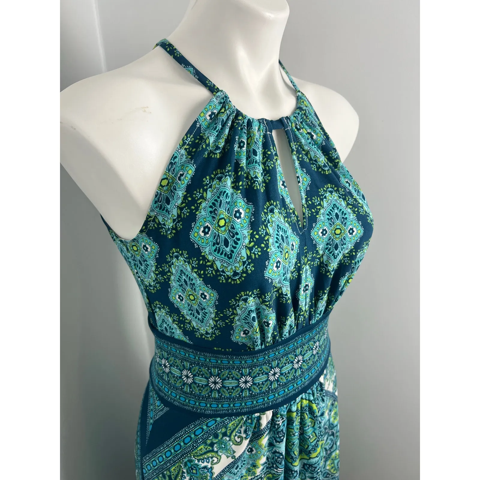 London Times Sleeveless High Neck Green Blue Paisley Print Dress Stretch 4 - Image 2