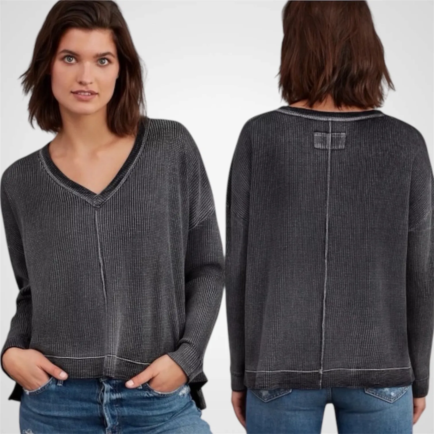 Pilcro Anthropologie Charcoal Waffle Knit V Neck Long Sleeve Top Size S - Image 2