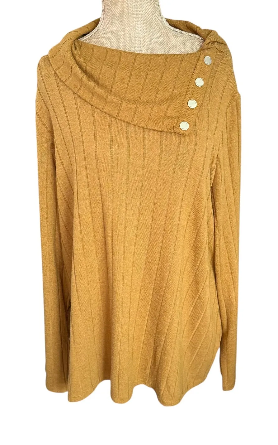 Rafaella XXL Ribbed Knit Cowl Neck Button Accent Long Sleeve Tunic Top - Image 1