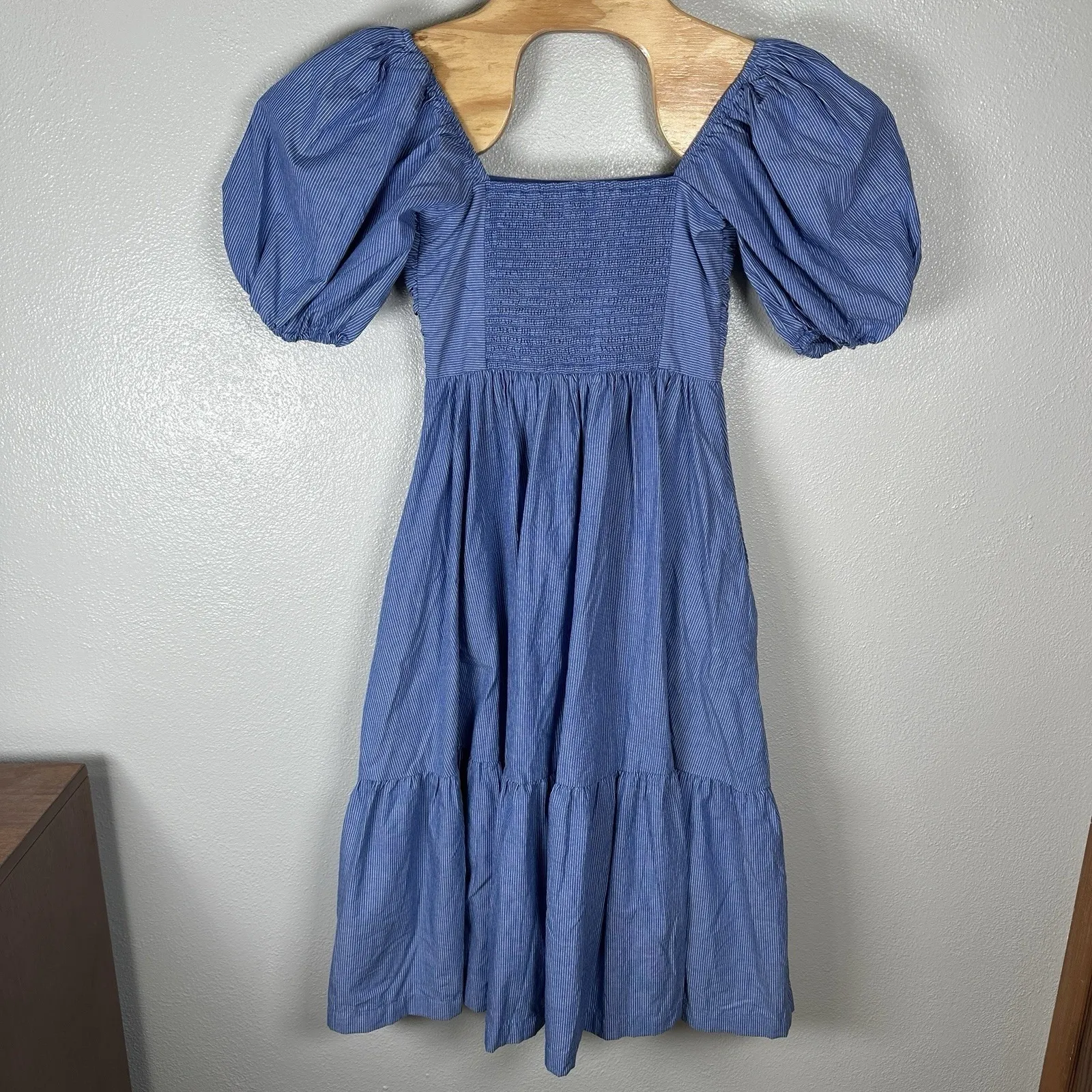 Abercrombie & Fitch Emerson Midi Dress Size XSPetite Blue Striped Puff Sleeve - Image 4