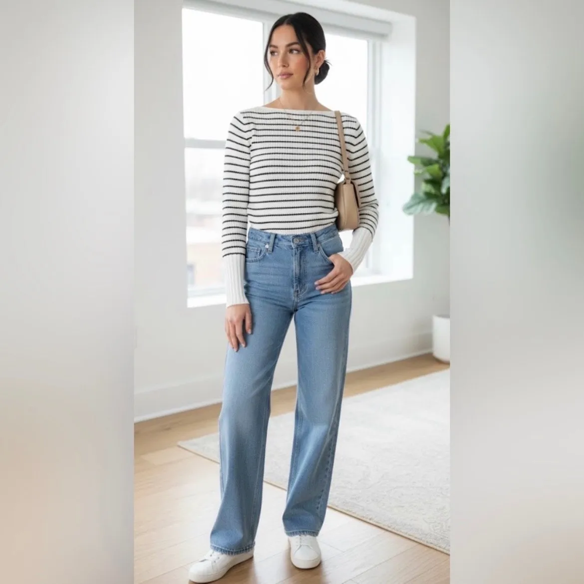 Theory Black White Striped Bateau Boatneck Neckline Sweater MEDIUM - Image 2