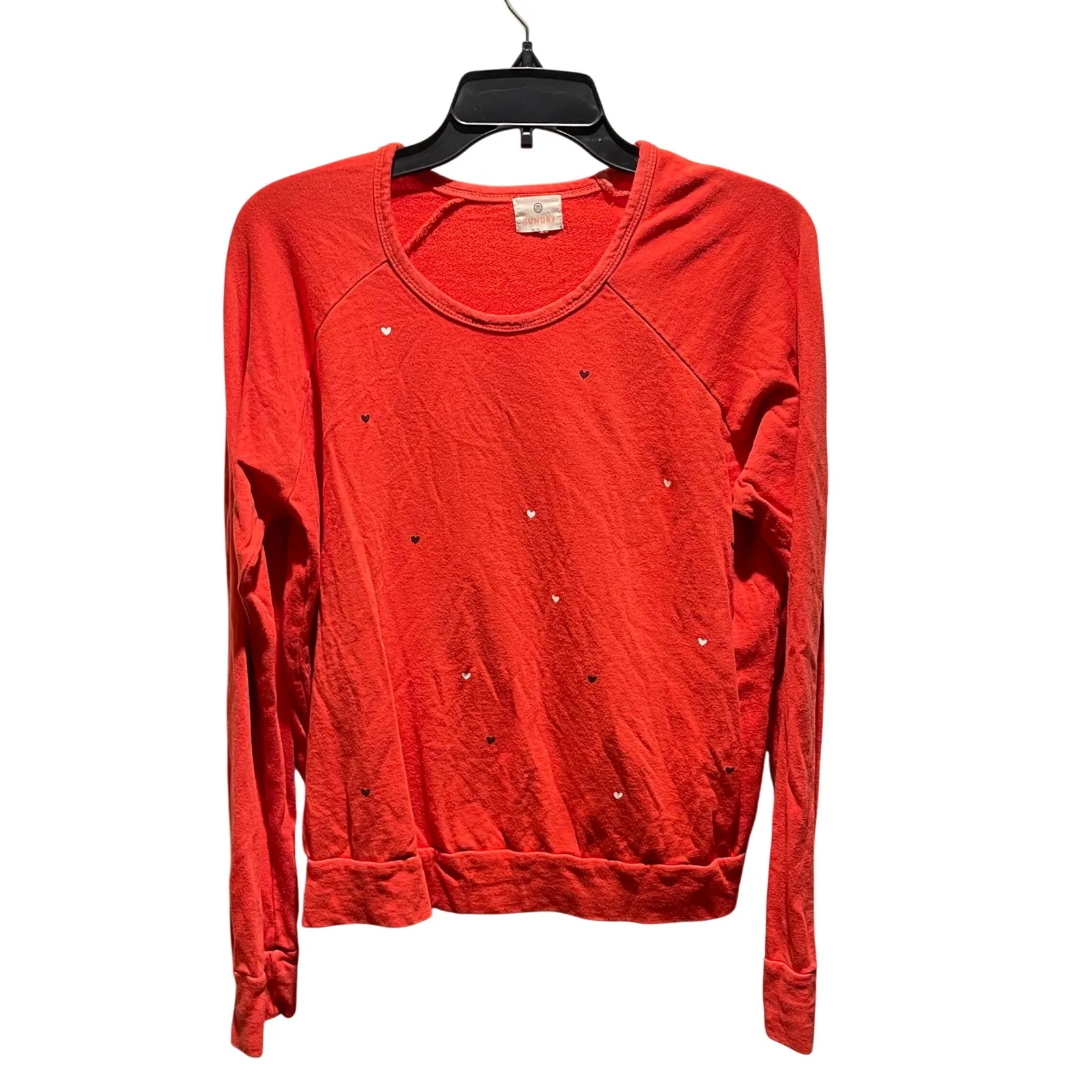 SUNDRY Red Crew Neck Long Sleeve Sweatshirt Small Hearts Print Size 2 Medium - Image 2