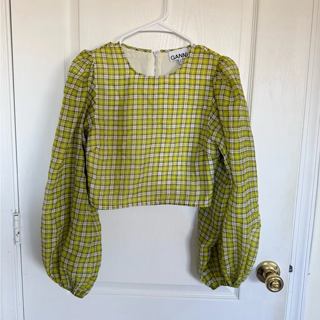 Ganni Organza Plaid Puff Sleeve Crop Top in Sulphur - Image 3