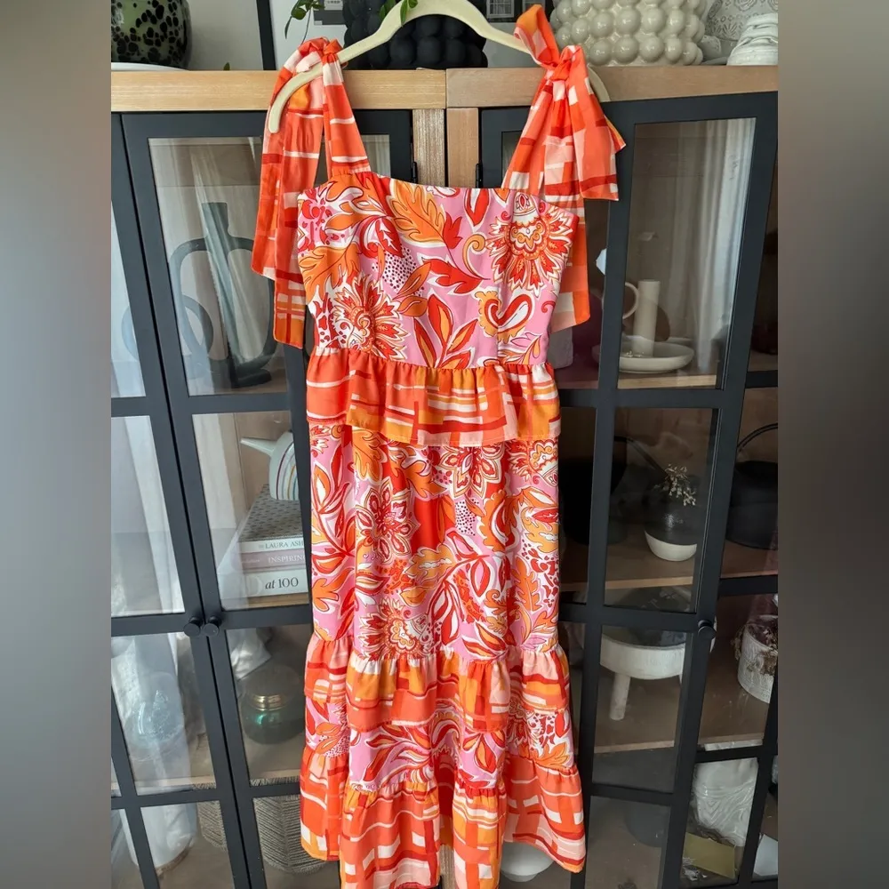 THML Floral midi maxi dress bows tie straps square neck smocked tiered ruffle - Image 2