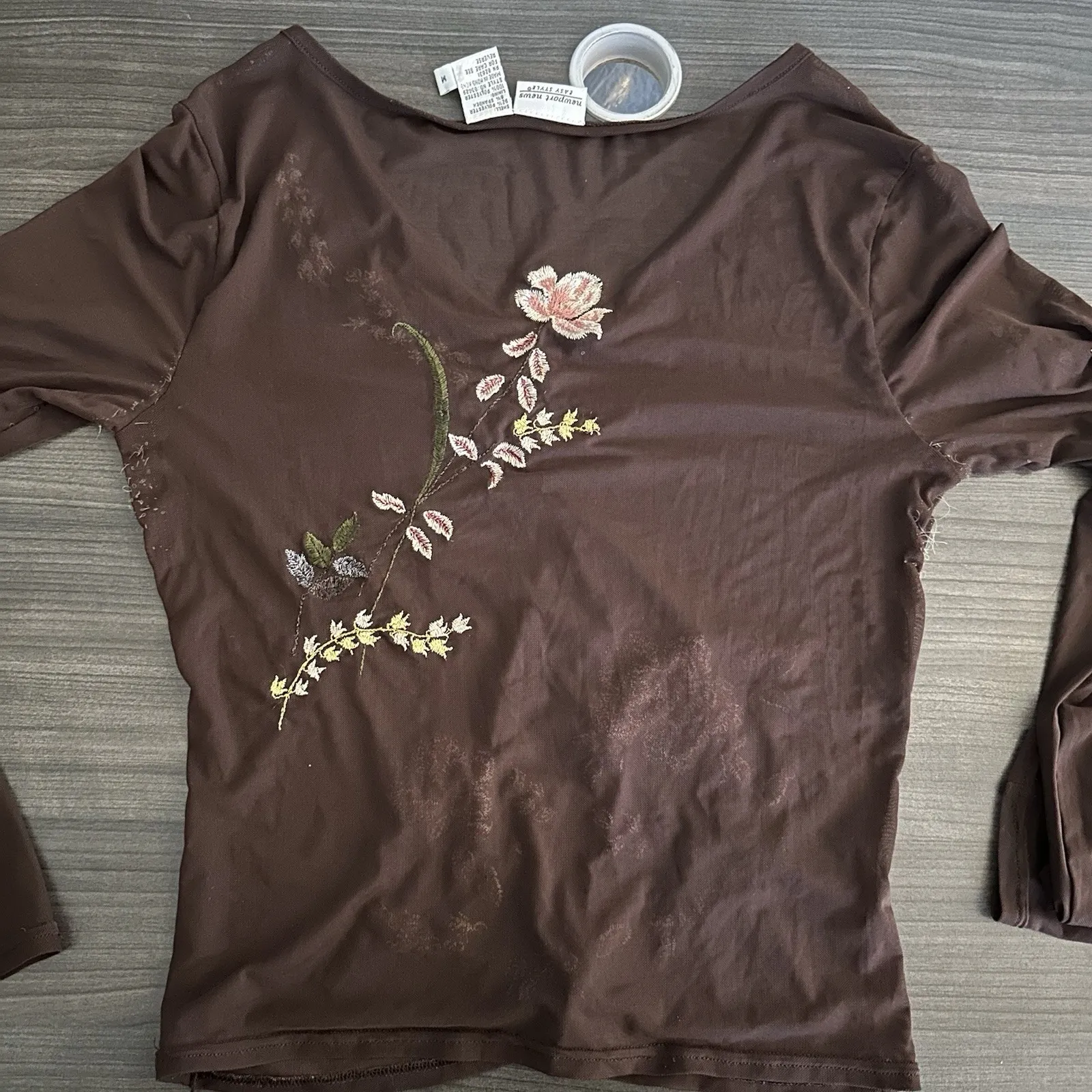 Vintage 90s Y2K Dainty Fairy Mesh Top Brown Embroidered Flowers Long Sleeve M*** - Image 6