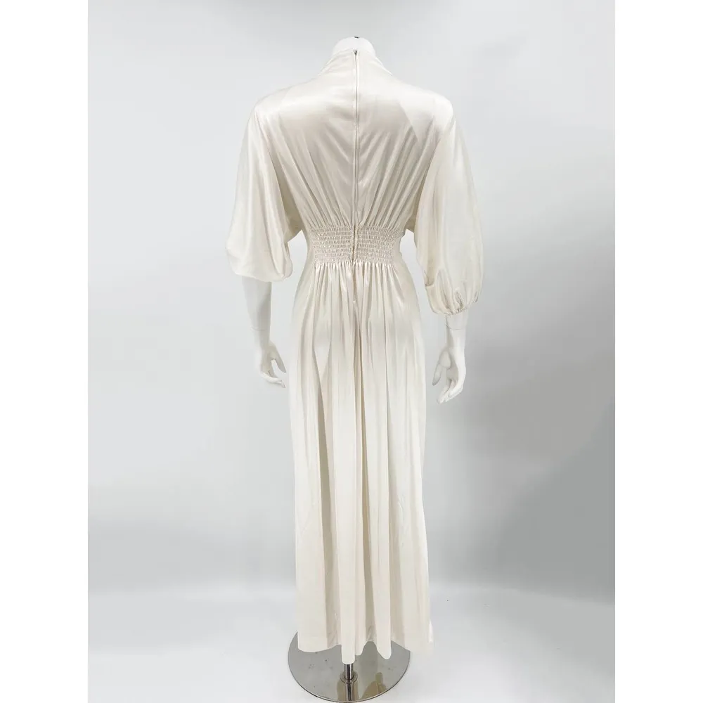 Vintage Ivory Satin Dress High Neck Smocked Waist Flowy Bohemian Size S Size M - Image 4