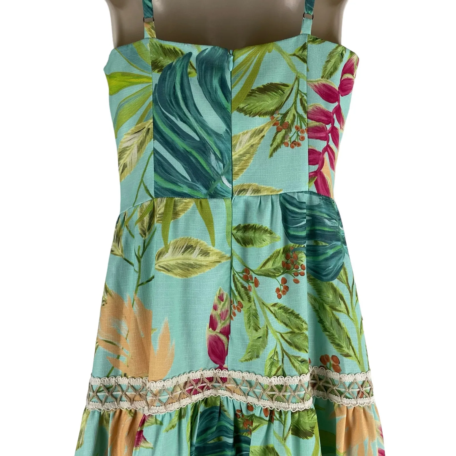 PatBO Tropicalia Leaf Print Jute Trim Midi Dress Islablue Green Size 4 - Image 10