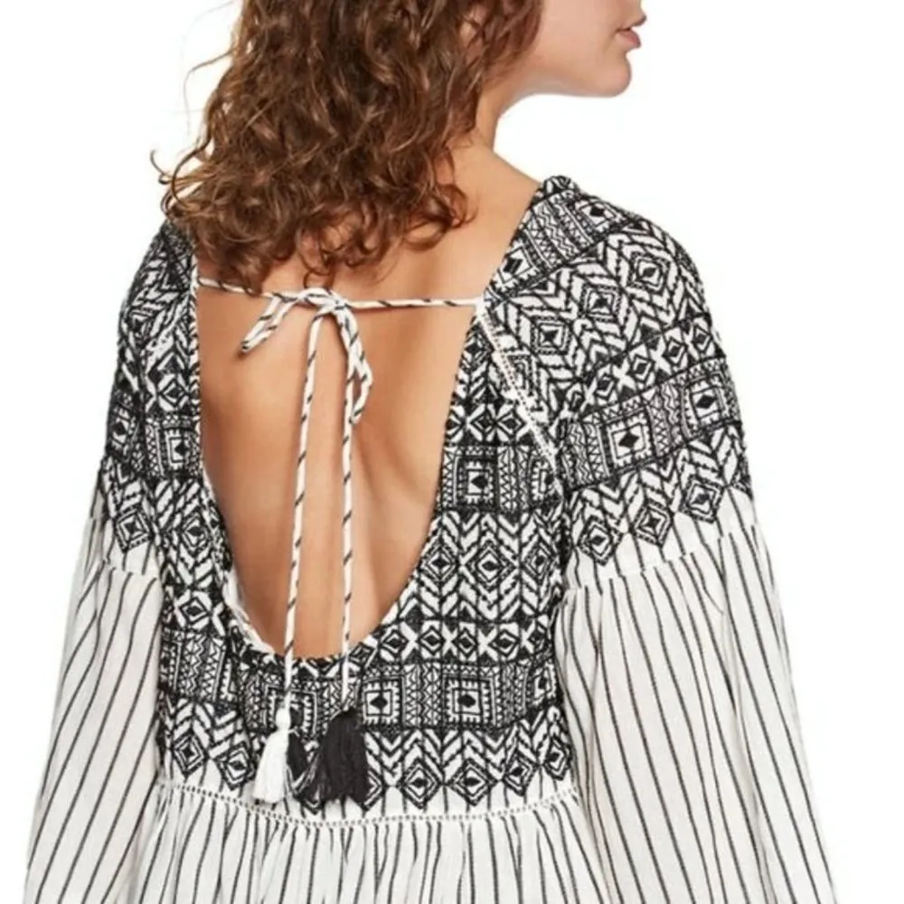 Free People Lola Embroidered Mini Dress Stripe Low Back Tiered Cotton Large - Image 3