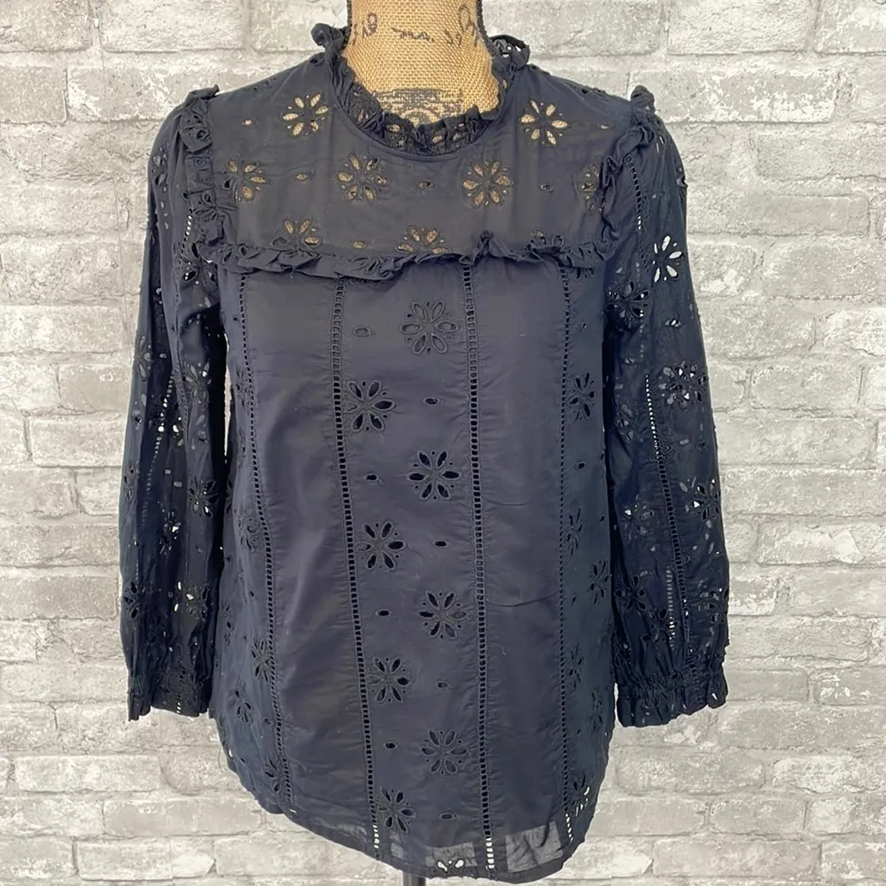 J.Crew Black Ruffle Neck Peasant Long Sleeve Eyelet Top - Image 2