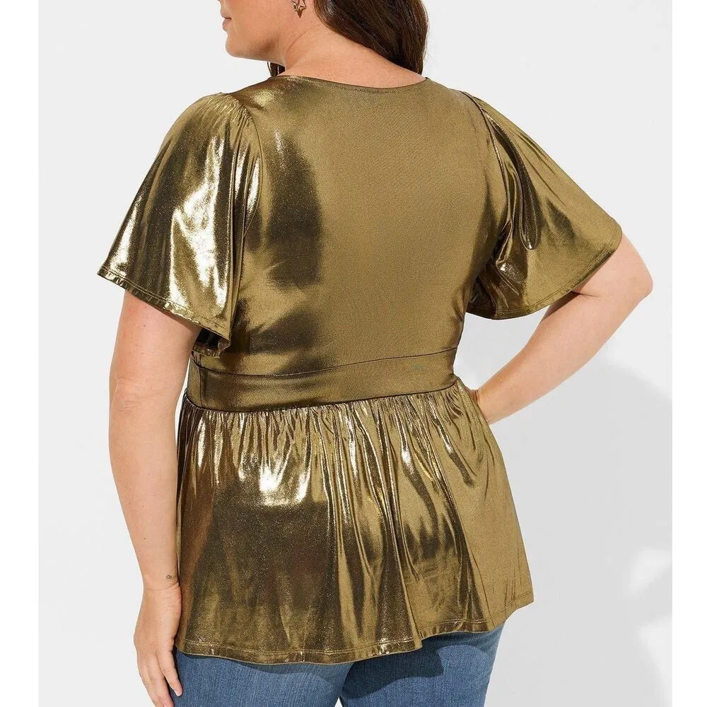 Torrid Liquid Shine Surplice Peplum Top Gold Plus 1X NEW - Image 7