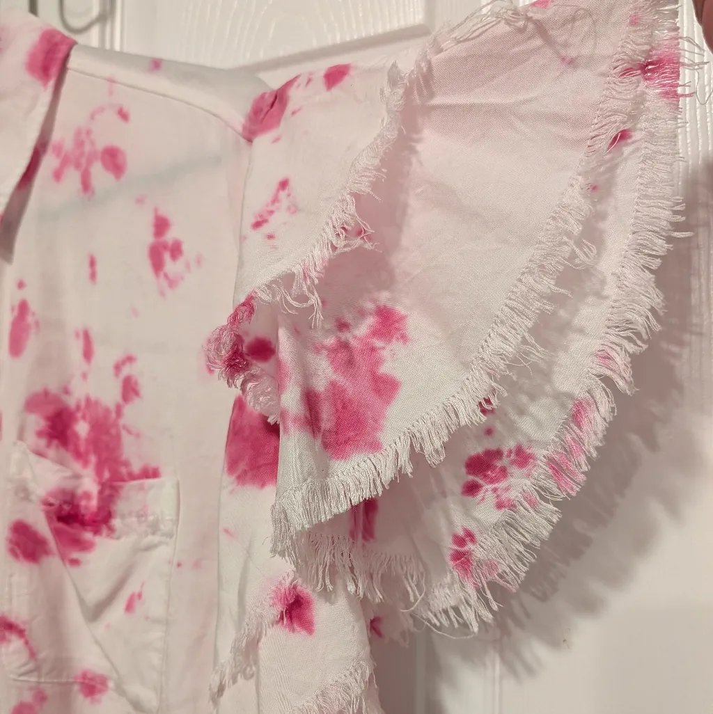 White Birch Tie Dye Fringe Button Down Shirt Pink White Medium Short Sleeve - Image 3