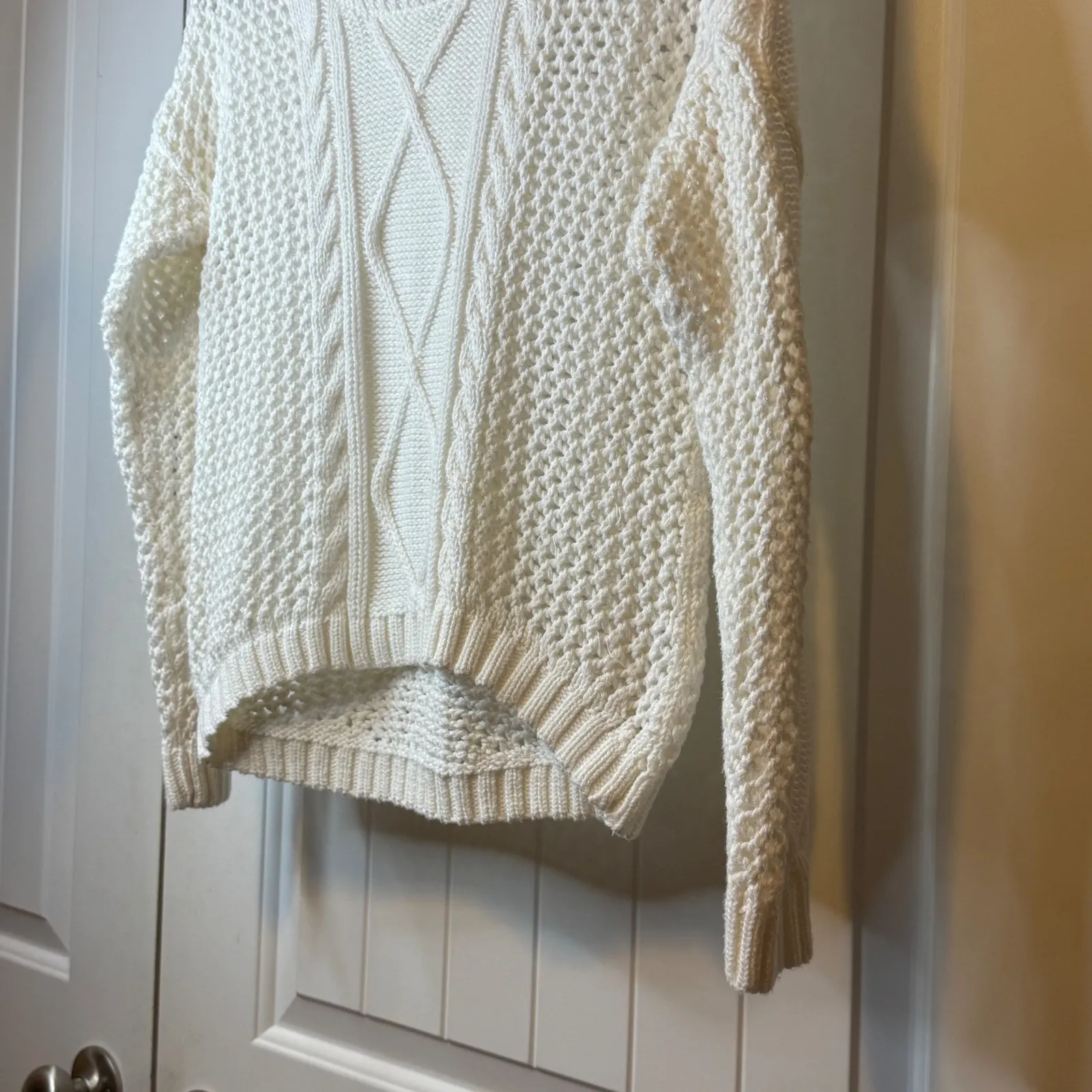 ANA A New Approach White Cable Knit Crochet Sweater Petite Size SP High/Lo‎ # - Image 6