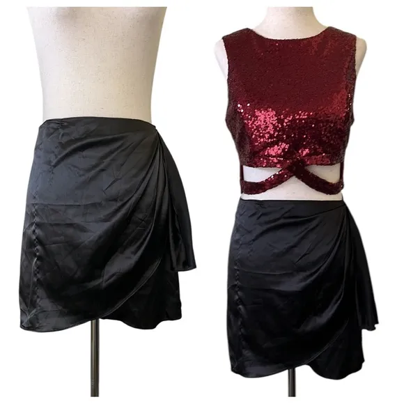SHEIN Faux Wrap Black Satin Mini Skirt - Image 2