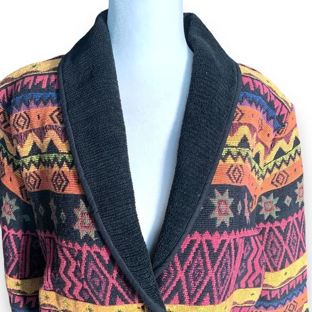 Vintage New Identity Jacket Southwestern Aztec Print Boxy Cropped Shawl Collar Black - Image 3