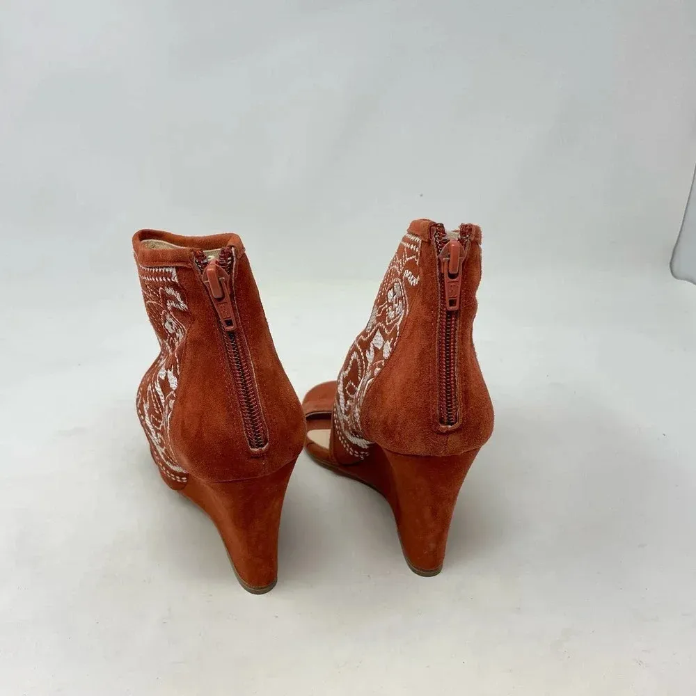 Anthropologie Plomo‎ Paula Embroidered Wedge Sandals Rust Orange Size 37 US 6.5 - Image 6