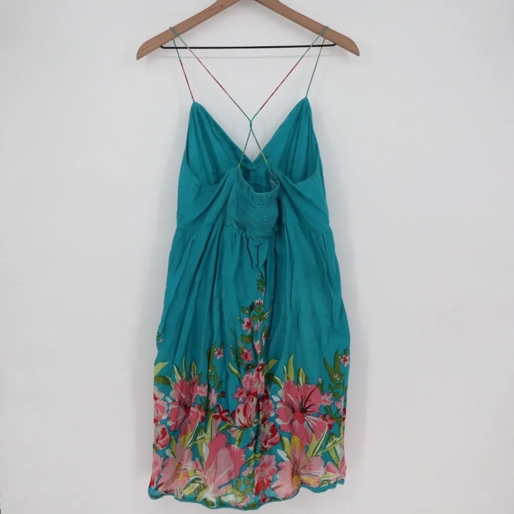 Energie Turquoise Floral Sundress Spaghetti Strap Smocked Back Knee Length XL - Image 5