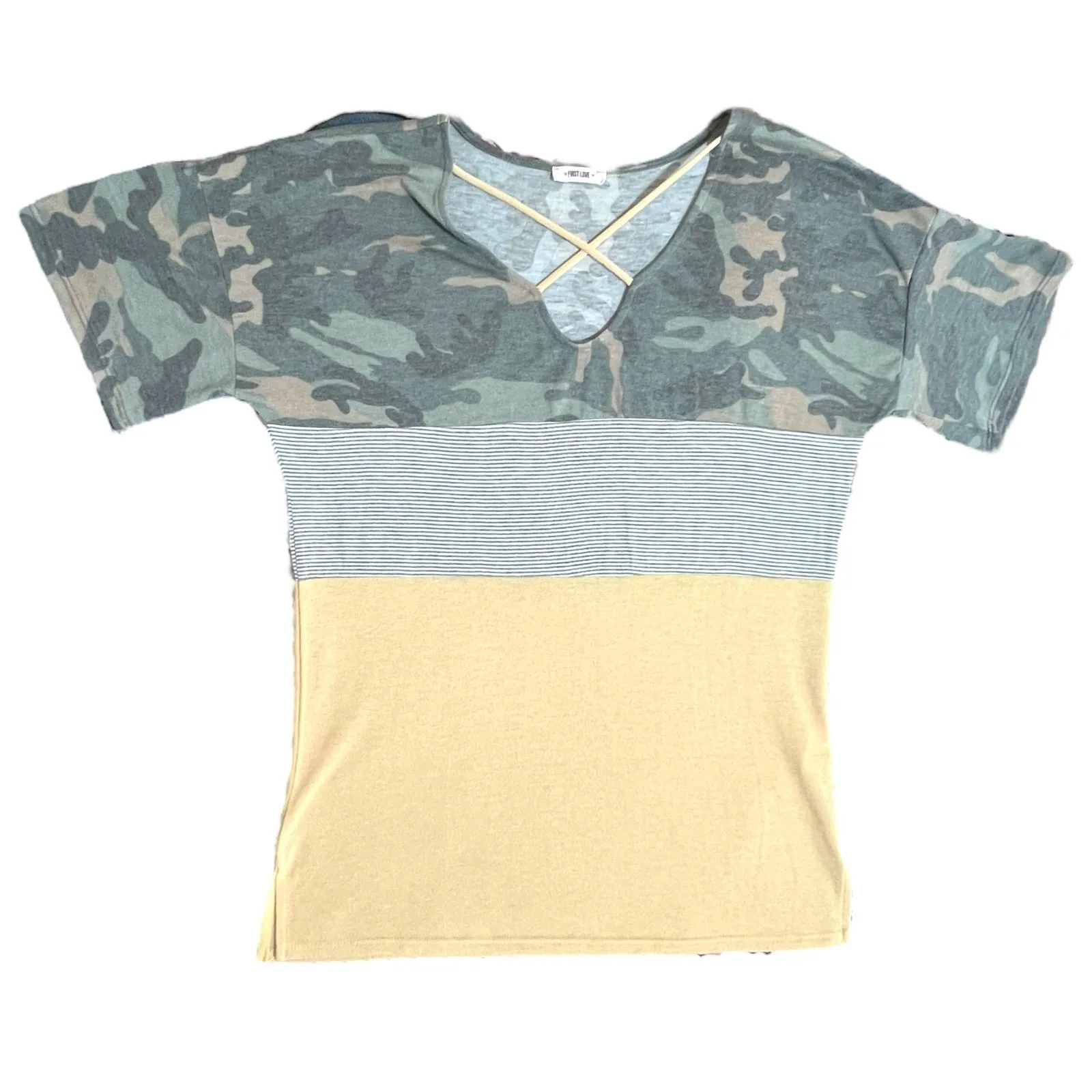 First Love (M) Camouflage Striped Colorblock Cross Front Short Sleeve Tee - Image 9
