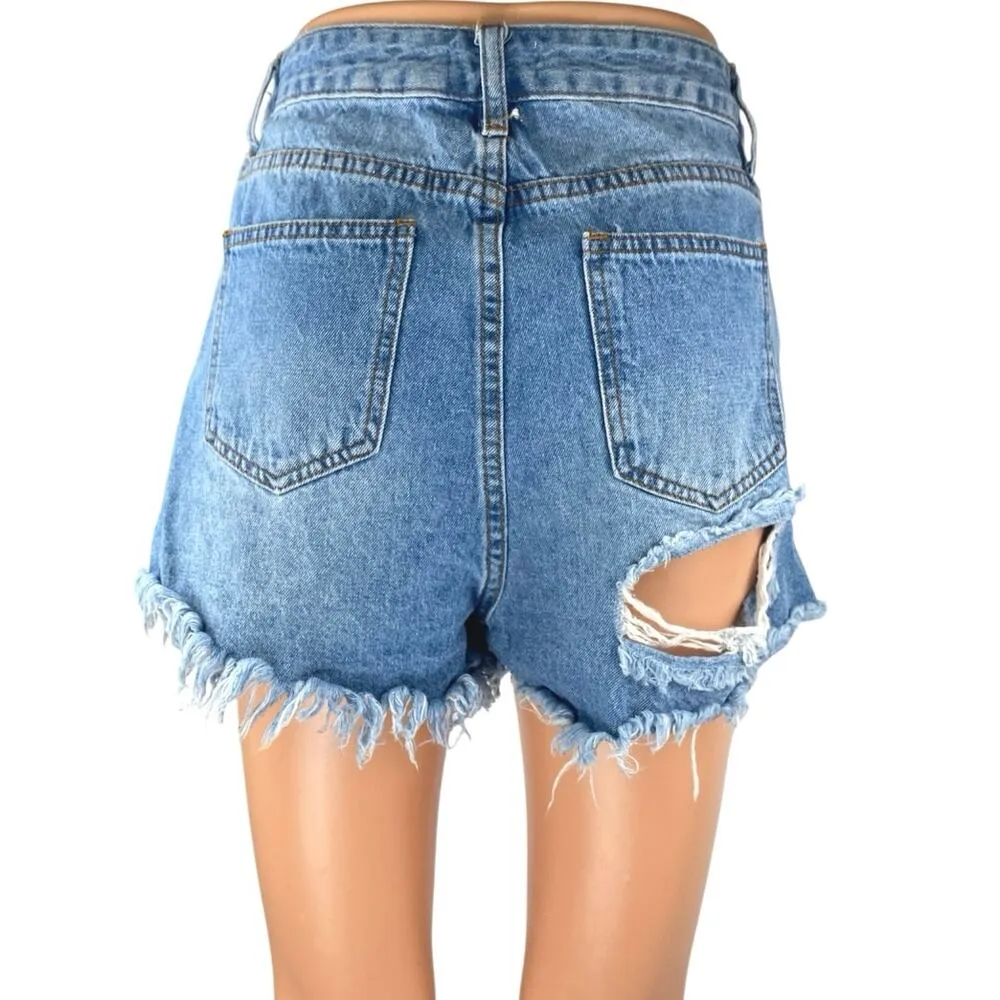 Windsor Blue Frayed Raw Hem Distressed High Waist Denim Jeans Cutoff Shorts Sz S - Image 3