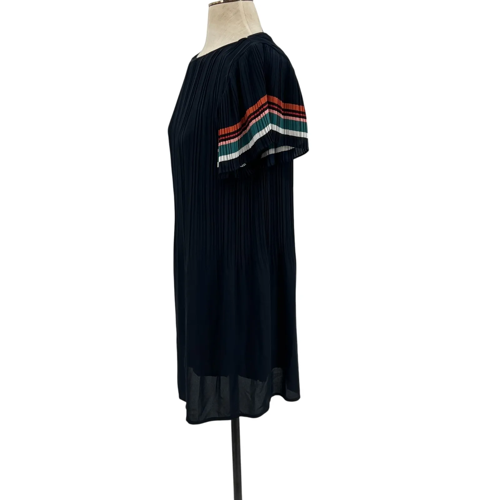 Maje Rolini‎ Dress Plisse Crepe Striped Detail Navy Blue Size 3 US Large - Image 7